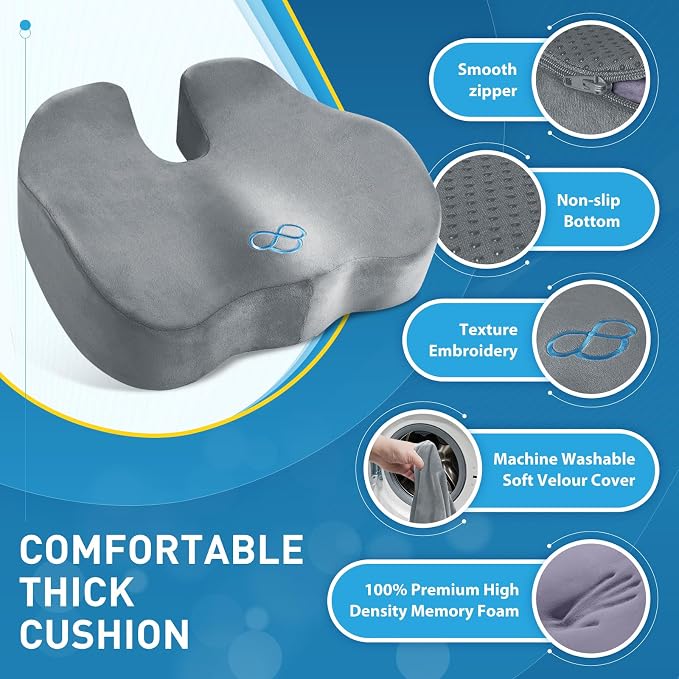 BlissTrends Memory Foam Seat Cushion for Office Chair & Car Seat, LightGrey | Ergonomic Tailbone & Sciatica Support with Removable Velvet Cover for Pressure Relief and Long Sitting Comfort, 3.3" Thick - Image 4
