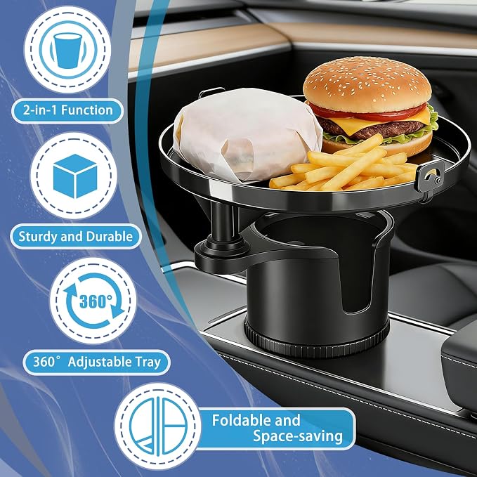 SAMPUSS 2-in-1 Car Cup Holder Tray Car Food Tray Car Table Car Seat Tray | 2-in-1 function foldable and detachable function 360°rotation road trip essentials car accessories interior - Image 2