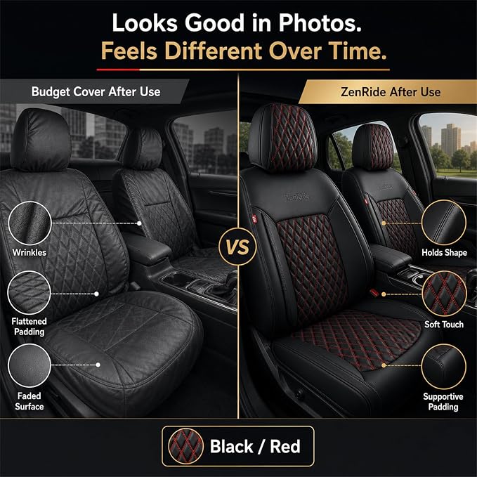 Red and Black Thick Nappa Leather Automotive Car Seat Covers Full Set | Univerasal Fit,3D Contoured,Waterproof,ThickTexture Nappa Leather,for most Suvs Trucks Sedans - Image 3