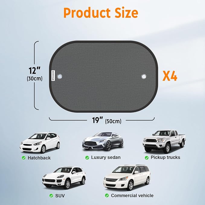 [2026 Upgraded] Car Shades for Side Windows 19"x12"(4 Pack),Sun Shade for Window with 8 Suction Cups,Car Window Shades Can Blocks 99.98% UVR,Window Shade for Baby - Image 2