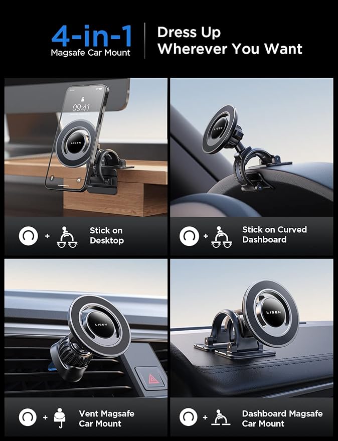 LISEN for MagSafe Car Mount [Strong Magnets] Magnetic Phone Holder for Car Hands Free Cell Phone Mount Cradle Vent & Dashboard Car Accessories for Women Men fit iPhone 17 16 15 14 13 12, Black | 2-in-1 Vent & Dashboard Car Phone Mount 22*N55 Strong Mag... - Image 2