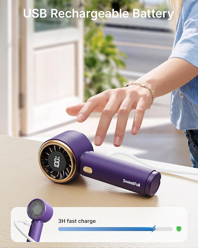 SWEETFULL Portable Handheld Fan, Mini Rechargeable Personal Hand Fan | Strong Airflow, Up to 12H, Pocket-Sized, 5 Speeds, Quiet Cooling Travel Essentials, Cute Gifts for Women, Girls, Lash, Makeup - Image 5