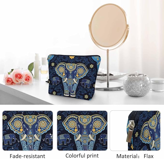 Elephant Makeup Bag - Adorable Cosmetic Bag, Day Of The Dead Sugar Skull Elephant Blue Zipper Bag Travel Toiletry Organizer Pouch For Gym Bathroom - Image 5