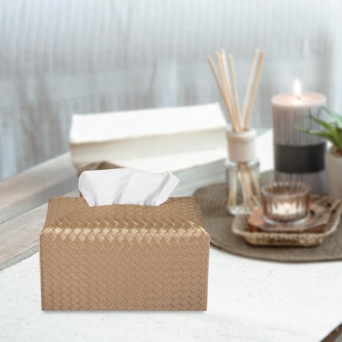 Tissue Box Cover Rectangle Leather Facial Paper Holder, Gold | PU Leather，Easy to Fill, Easy Clean, Decorative Cube Tissue Box Holder for Office, Bathroom,Kitchen, Living room, Guest room - Image 3