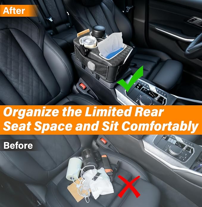 Universal Car Center Console Cup Holder Organizer Armrest Storage Box | with Bottle Holder & Tissue Slot & Side Pockets, Car Back Seat Truck Boat Couch Sofa Organizer PU Leather - Image 9