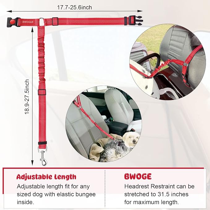 BWOGUE 2 Pack Dog Seat Belt for Car, Headrest Restraint Safety Straps | Headrest Loop, 18.9-27.5 in Adjustable, Bungee Buffer, 2 Pack Nylon Safety Straps, Use with Dog Harness, Dogs and Cats - Image 3