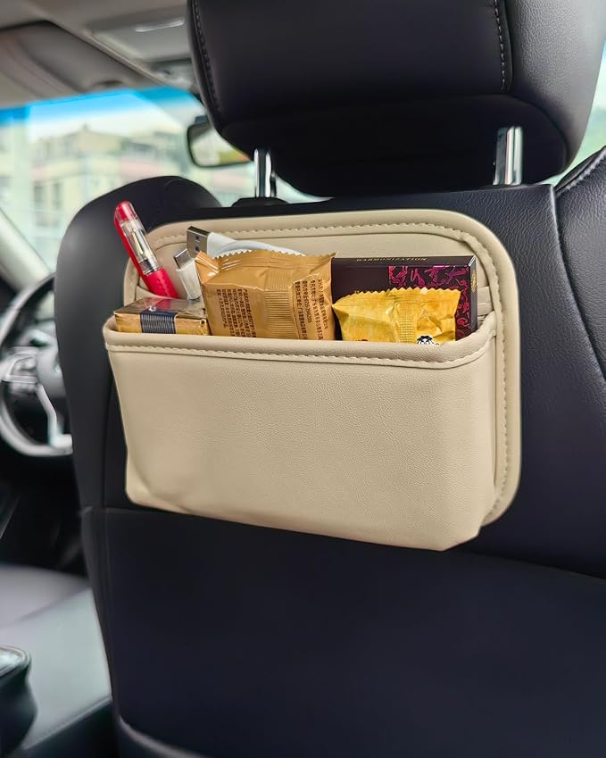 Car Seat Side Pocket Organizer for Car Doors and Consoles, Beige | Reusable Adhesive Car Storage Bag, Holds phones keys wallet sunglass etc, Suitable for all vehicles, PU Leather - Image 5