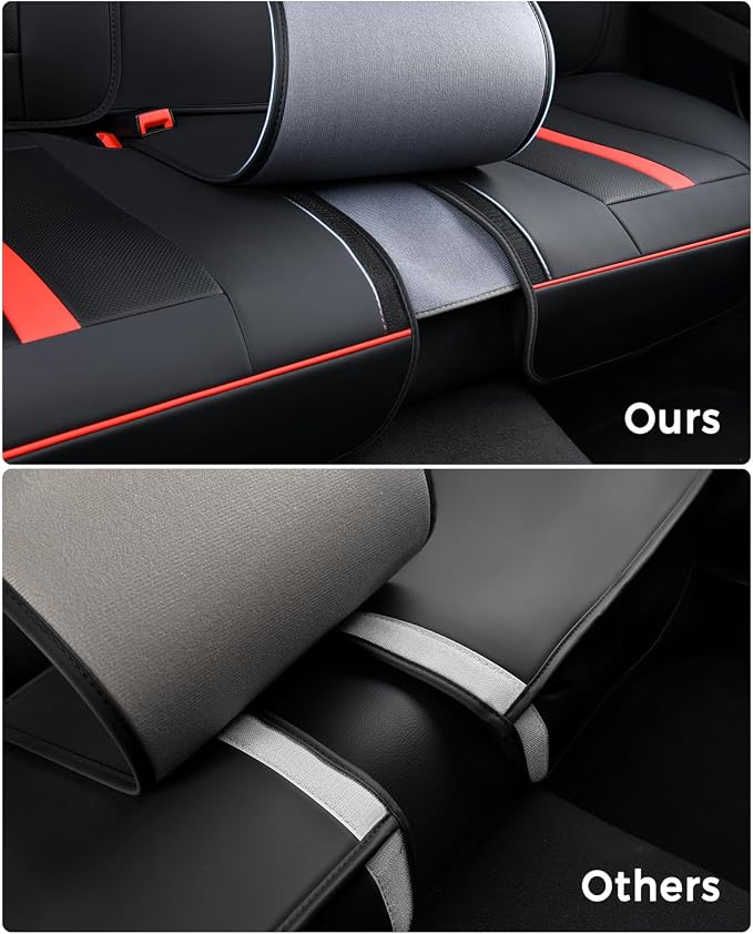 Huidasource Rear seat Cover Luxury Nappa Leather, Back seat Cover with Velcro Adjustable, Ventilation Holes, Seat Belts, Child Seats, Car Cover Seat Universal Fit for Most Cars SUV Trucks, Black＆Red - Image 3