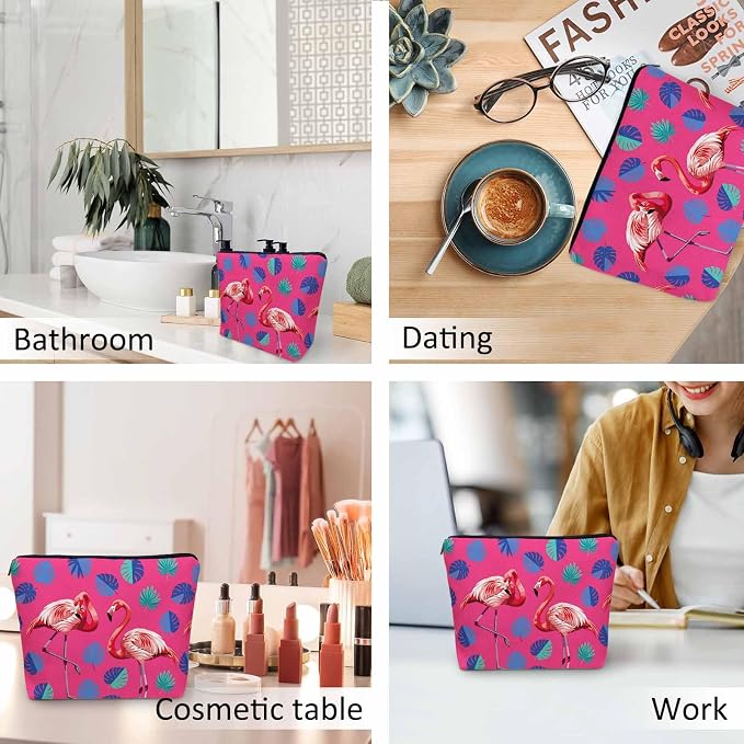 Flamingo Makeup Bag For Women, Adorable Cosmetic Pouch With Tropical Leaves Palms Pattern, Pink Zipper Travel Toiletry Organizer For Gym and Bathroom - Image 6