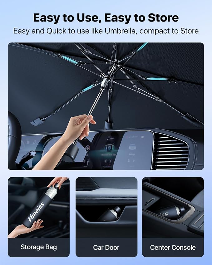 Nmoiss Windshield Sun Shade Umbrella for Silverado | [Vinyl Coating Heat Shield] Protect Car from Sun Rays & Heat Damage Keep Cool and Protect Interior, Spring Structure Edge - Image 7