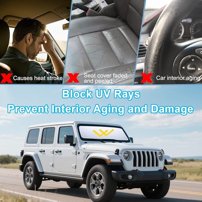 Premium Windshield Sun Shade for 2018-2026 Jeep Wrangler JL JLU & 2020-2026 Jeep Gladiator, Reflective 310T Material Front Window Sun Visor Blocks UV Rays Foldable Sunshade with Storage Pouch - Image 5