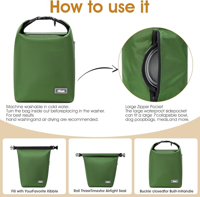 Dog Food Travel Bag with 2PCS Collapsible Dog Travel Bowls Air Tight Dog Food Storage Container(Green, Small) - Image 3
