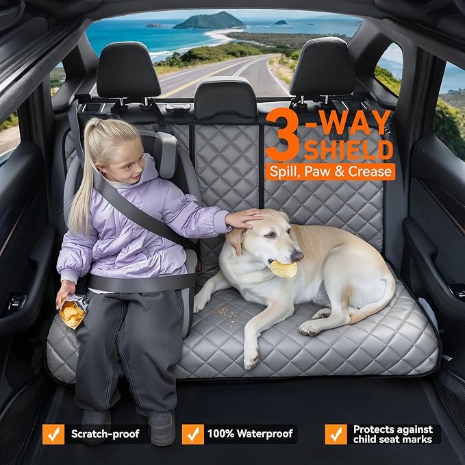 Dog Car Seat Cover for Back Seat,Leather Back Seat Cove,Stnd | Grey,PU,Waterproof,Nonslip,Anti-Scratch,Rear Dog Seat Covers Fit Middle Armrest for Most Vehicles,SUVs,Small Trucks - Image 3