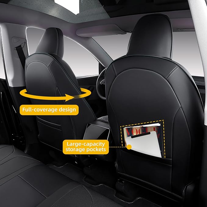 Custom Seat Covers for 2025 2026 Tesla Model Y Juniper 5-Seater - Black | Waterproof Breathable Nappa Leather, OEM Factory Style Full Set, Full Coverage Design with Armrest Covers, Airbag Compatible - Image 5