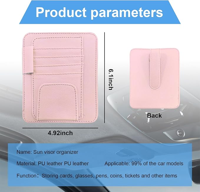 Augeny Car Sun Visor Organizer, Small Auto Visor Organizer and Storage, Registration and Document Holder, Vehicle Accessories for Sunglasses, Document, Card, Pen, Driver License (Pink) - Image 2