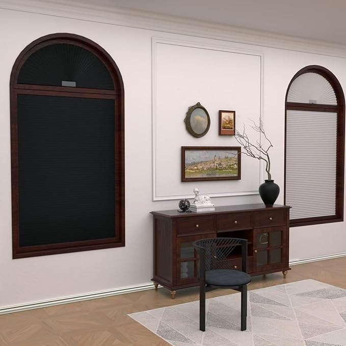 Myshade Arch Window Shades Half Circle Blackout Cellular Shades Cordless No Drill Blinds for Windows Half Moon Honeycomb Fabric No Tools Room Darkening Shades Easy Install (1PCS Black 24" W X 12" H) - Image 2