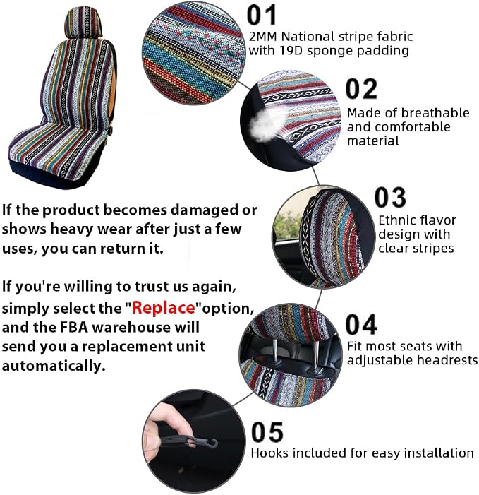Car Seat Cover Hippie Boho Baja Saddle Blanket 4PCS Front Set Grey | Breathable, Washable without Fading, Anti-Slip, Airbag Compatible, Universal Fit for Most Automotive, Sedan, SUVs - Image 5