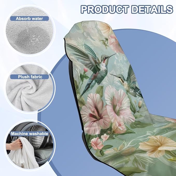 Hummingbird Flower Car Seat Towel Cover with Storage Bag Sweat Auto Front Seat Towel Cover Animal Hummingbird Car Seat Protector Auto Interior Accessories for Yoga Running Swimming Towels - Image 6