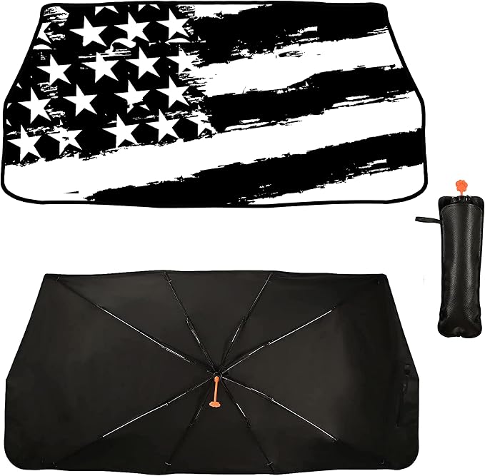 Socira American Flag Car Windshield Sunshade Umbrella Foldable Black | Umbrella Sun Shade Cover Patriotic Sunshade Front Window Cover Interior Blocks Uv Rays Keeps Cool (57" X 30") - Image 2