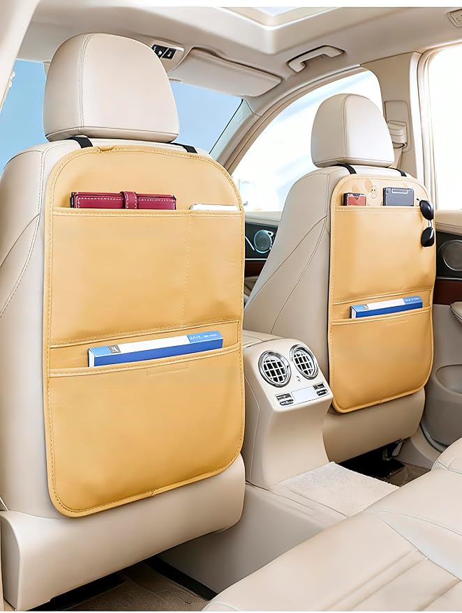 Kick Mat Back Seat Protector， Waterproof Leather Car Seat Back Organizers Cover with 3 Storage Pockets for Kids Pets SUV Sedan Minivan Truck Car Travel Accessories (Cayenne Yellow 2-pack) - Image 4