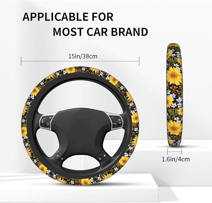 Steering Wheel Cover Sunflower Car Accessories + 2 Pieces Coasters | Universal 14-15 Inch Neoprene Auto Interior Decor Anti Slip Car Protector for Women Men - Image 3