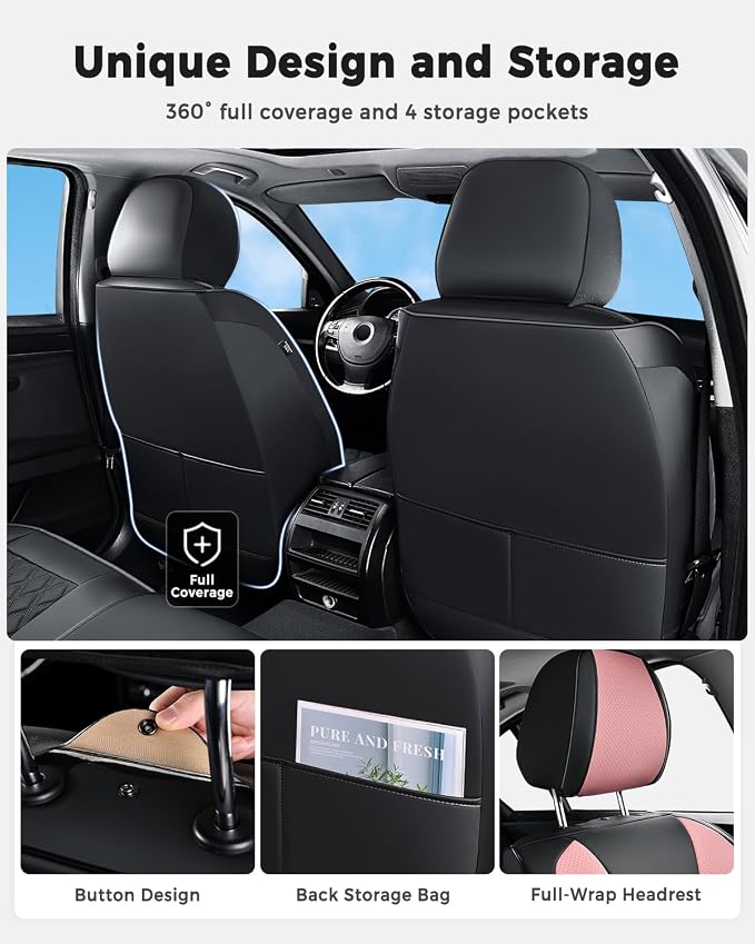 Huidasource Full Set Car Seat Covers, Premium Waterproof Faux Leather, Universal Fit for Most Cars, SUVs & Trucks, Airbag Safe, Quick to Install, Black & Pink - Image 6