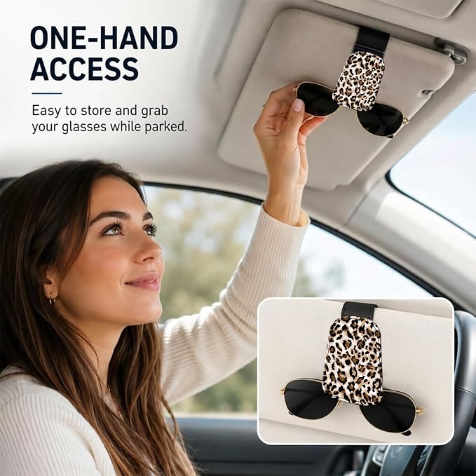 Leather Magnetic Sunglass Holder for Car Sun Visor, Cute Eyeglass Ticket Card Hanger Clip, Universal Auto Interior Accessories for SUV Pickup Truck, Classic Leopard - Image 2