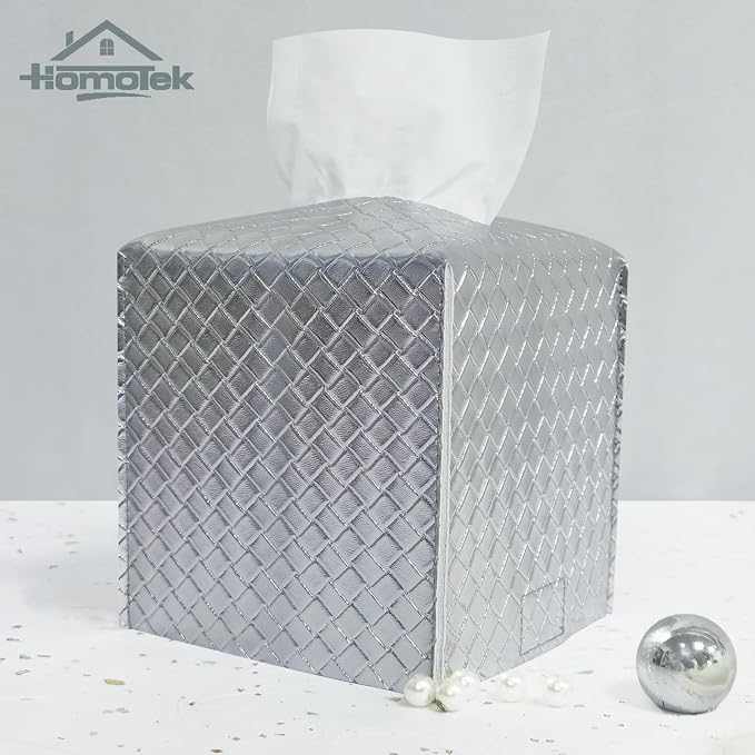 HOMOTEK 2 Pack Tissue Box Cover, Square PU Leather Tissue Holder, Decorative Facial Tissue Cube Paper Organizer Dispenser for Bathroom, Night Stands, Desk, Car 5X5X5'' - Woven Waffle, Silver - Image 4