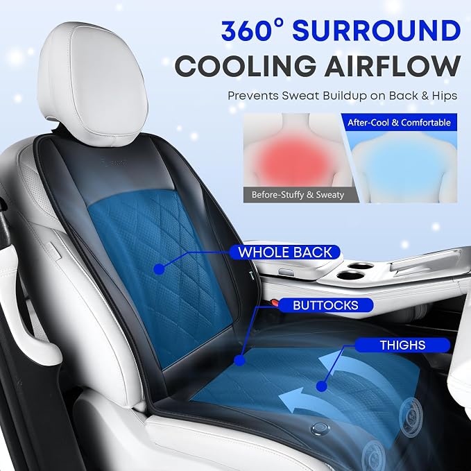 [2026 Upgrade] Cooling Car Seat Cover Ventilated Seat Cushion Summer Driving 12V-24V Ventilated Car Seat Cushion with 2 Powerful Turbo Fans with 3-Speed Adjustable Universal Fit Most Car-Light Black - Image 6