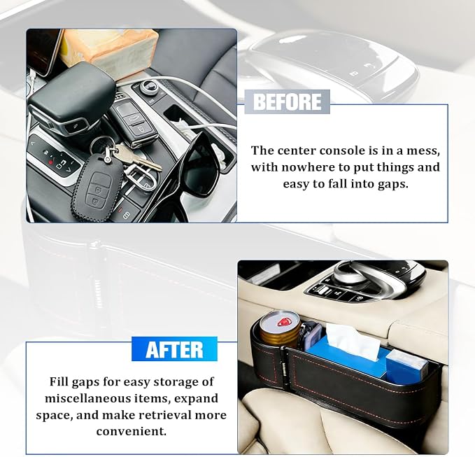 Car Seat Gap Filler Organizer with Cup Holder Expander, Leather Console Seam Filler Storage Box, Auto Front Seat Gap Organizer for Phones Keys Glasses, Universal Fit (Black/Red Driver) - Image 6