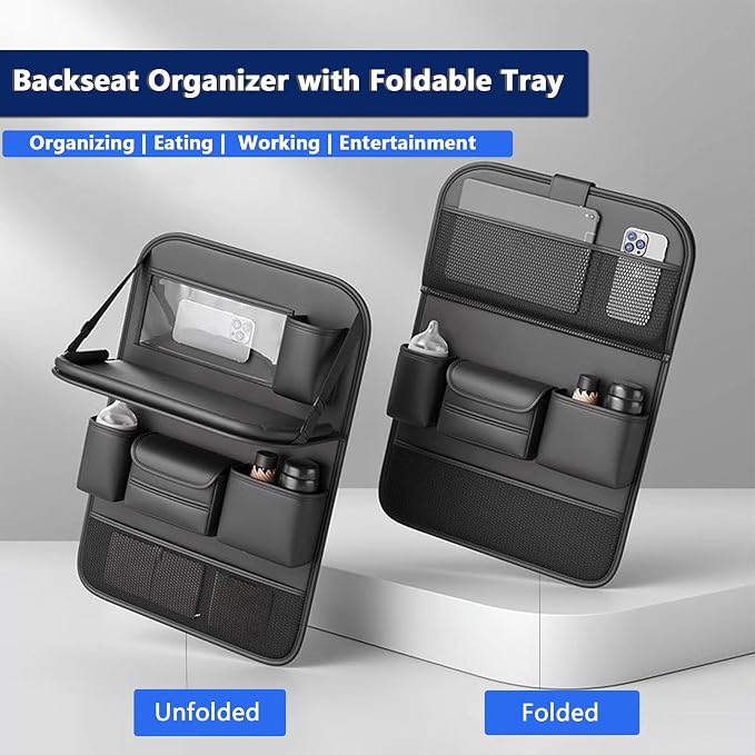 2-Pack Backseat Car Organizers with Tray, Black | Premium Car Seat Back Kick Mats, Backseat Protector Hanging Storage, Foldable Tray, 9 Deep Pockets, 21"x17"; Universal Fit - Image 4