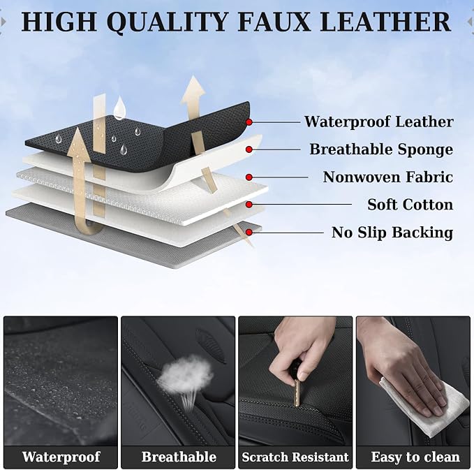 Coverado Leather Seat Covers for Cars, Car Seat Covers Full Set, Breathable Car Seat Protector with Lumbar Support, Black Seat Covers, Front and Back Waterproof Seat Cover Universal Fit for Most Cars - Image 5