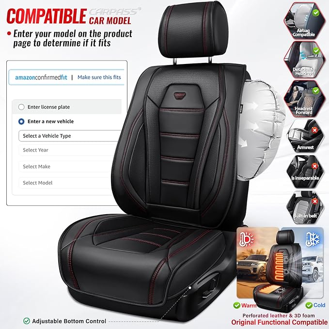 CAR PASS Luxury Nappa Leather Car Seat Covers Front Seats, Waterproof Seat Cover for Cars 2 Seats, Black Car Seat Protector, Automotive Seat Cover Universal Fit for Most Sedans SUV Trucks Black - Image 6