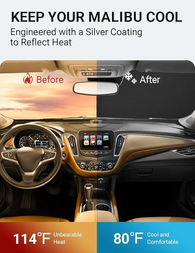 Proadsy Custom Fit Car Windshield Sun Shade for 2016-2025 Chevrolet Malibu | 240T Heat Shield, Drops Temp 54°F, Blocks 99% UV, Prevents Dashboard Cracking, Summer Parking & Beach Trips, Easy Twist-Fold - Image 3