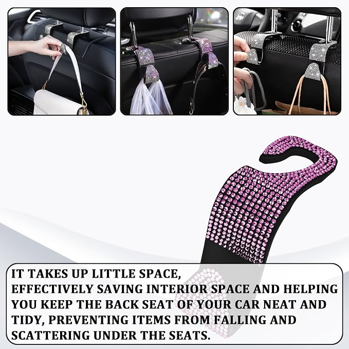 Bling Car Seat Headrest Hooks Pink Car Accessories for Women Crystal Rhinestone Auto Seat Back Hanger Storage Organizer for Purse Handbag Coat Grocery Bag, Universal Purse Hook for SUV Truck-2PCS - Image 5