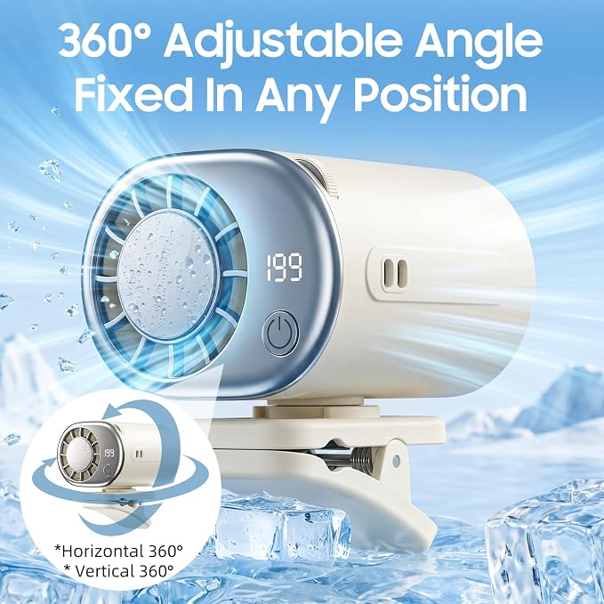 Car Clip on Air Conditioner Fan with LED Display, 360°Rotation, Semi-Cooling Technology, USB Rechargeable Personal Fan, Hands-Free Clip on Fan for Cars, Work, Camping (Off-white) - Image 5