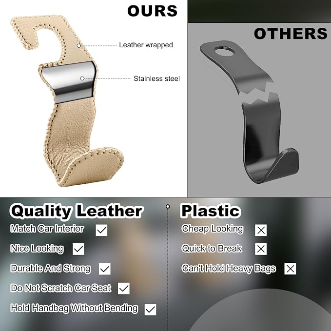 Car Seat Hooks for Purses and Bags, 2 Pack Car Purse Holder for Grocery Bag Handbag Clothes, Metal Headrest Hooks Covered by Leather, Beige - Image 5