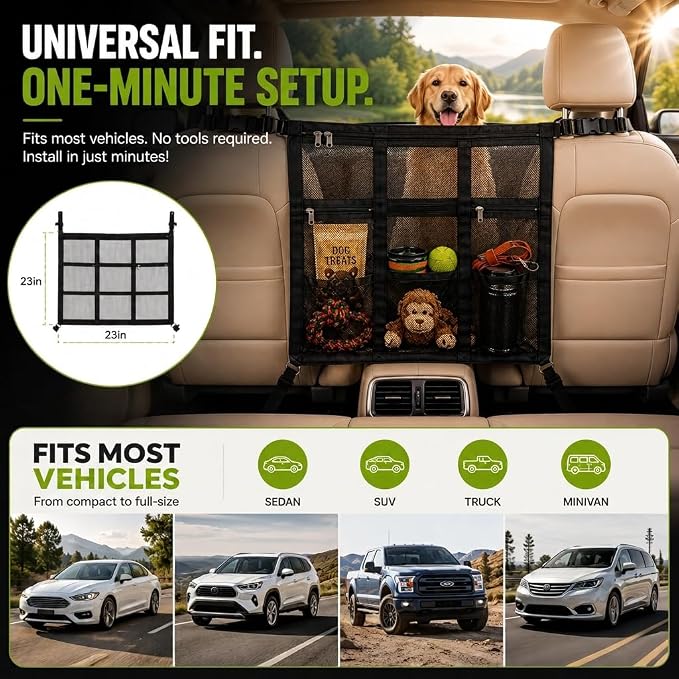 Dog Car Barrier 2026 Upgrade, Double Layer Mesh Dog Net for Car Divider with Storage Organizer, Universal Fit for SUVs, Sedans & Trucks, Easy to Install & Breathable Vehicle Travel Fence - Image 5