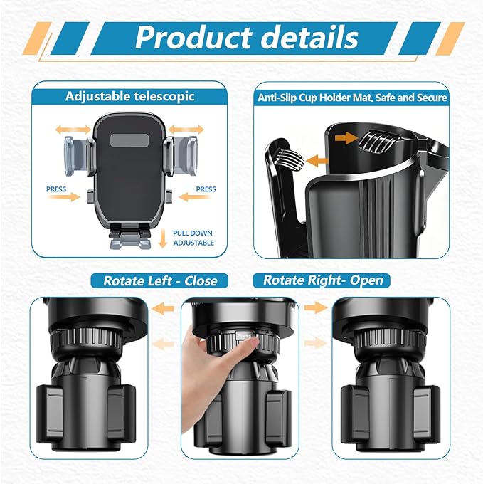 SAMPUSS 2-in-1 Phone Holders for Your Car Car Cup Holder Car Phone Holder | 360° rotation 2-in-1 function car phone mount with long arm universal smartphone phone holder car cup holder expander - Image 4