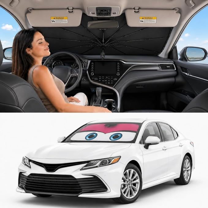 Car Windshield Sun Shade Umbrella, Universal Fit Mid-Large Sedan & SUV | 57 x 31" Car Sun Visor, Foldable UV Heat Blocking Front Window Sunshade, Cute Eyes Series by eygeufg