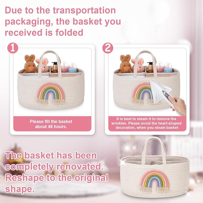 Aliceset Large Baby Diaper Caddy for Girl Boy Rope Nursery Storage Bin Basket Portable Holder Tote Bag for Changing Table Car Travel Baby Shower Gifts Newborn Essentials Registry Must Have(Rainbow) - Image 6