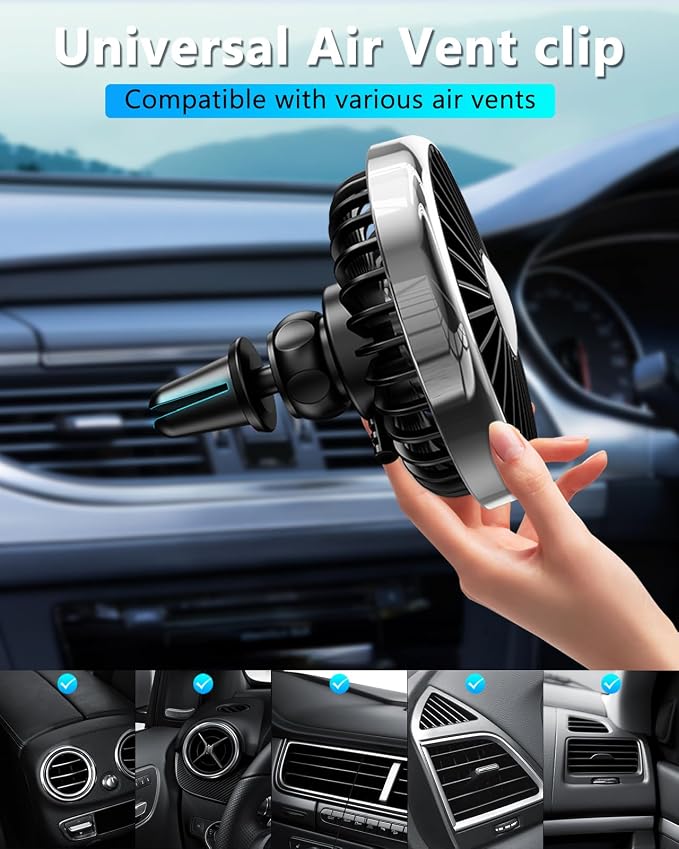 USB Fan for Car AC Air Vent to Boost Cooling Air Circulation | Colorful Light Car AC Fan for SUV Van RV Pickup Truck, Powerful 3 Speed, Quiet Brushless Motor, 360 Rotating Car Clip on Fan - Image 7