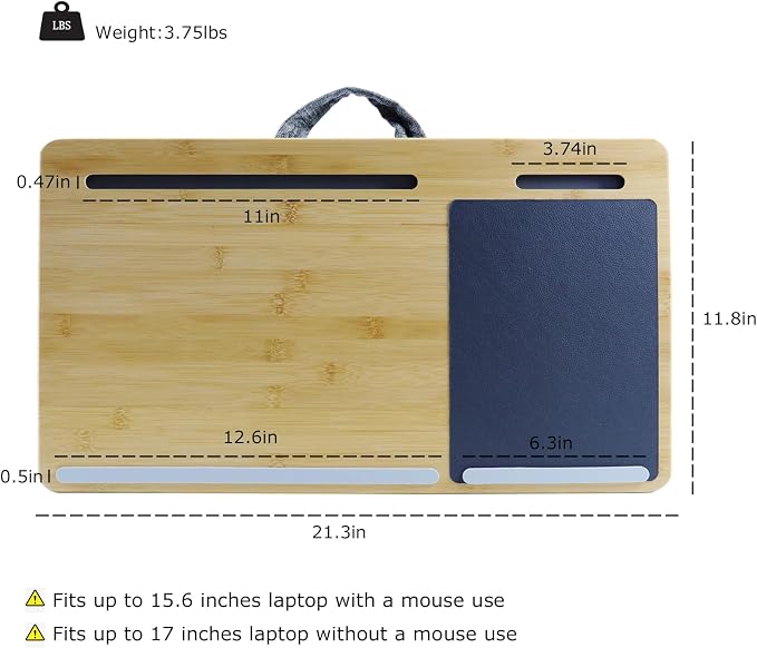 Lap Desk for Laptop with Cushion Mouse Pad Tablet Phone Holder | Bamboo Laptop Stand with Anti-Slip Strip and Handle Fits up to 17 inch Portable Computer Lap Desk for Couch, Bed & Car - Image 3