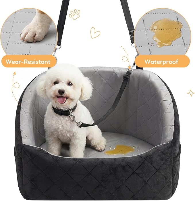 Dog Car Seat for Small Dogs Up to 30 Lbs, Pet Travel Safety Bed for Puppy Cat, Fits in Front/Back Seat, Anti Slip Base, Fully Detachable Washable with 2 Safety Tether(Light Gray-Black) - Image 2