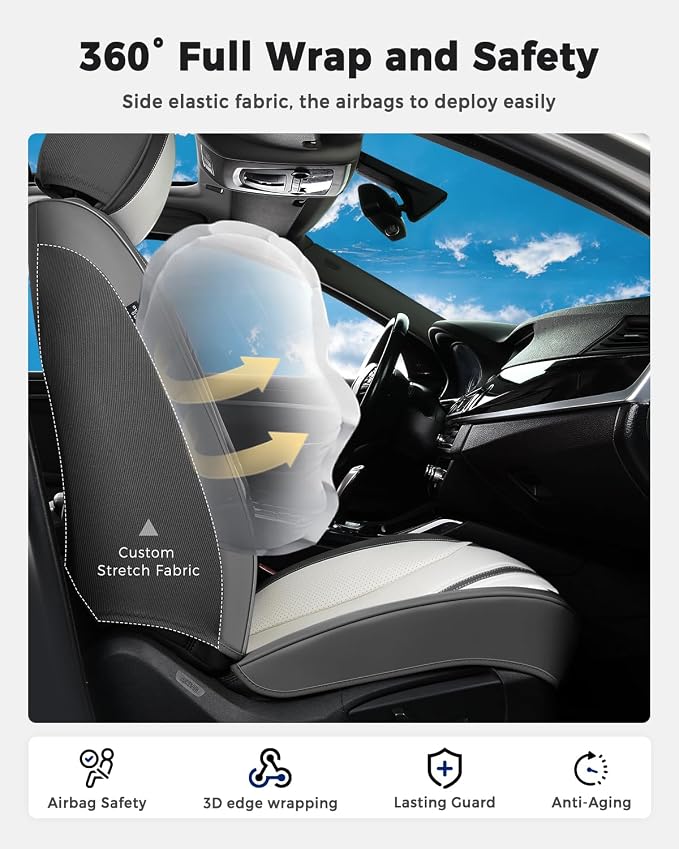 Huidasource Automotive Seat Covers, Luxury Faux Leather Seat Covers Leather, Velcro Adjustable, with Airbags, Child Seat, Cooling＆Heating, Universal Fit for Most Cars, Vans, Trucks, SUVs, Gray＆White - Image 4