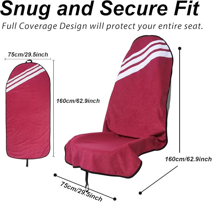 Sweat Towel Car Seat Cover Protector Front Seats for Gym Workout, Running, Swimming, Beach and Hiking, Waterproof Universal Seat Cover for Car, Trucks, Van & SUV (1, Maroon/White, Front) - Image 3