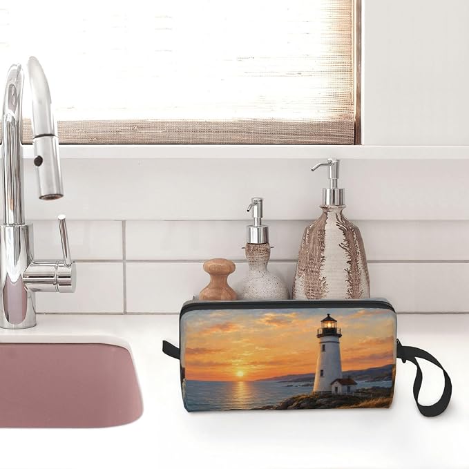 Lighthouse at Golden Sunset Makeup Bag for Women, Cosmetic Pouch | Double-Sided Sunset Lighthouse Cosmetic Organizer with Foam Padding for Women, Travel, Gym, School, and Daily Storage - Image 7