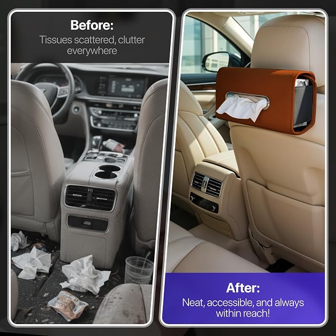 Lucrum Extra Large Car Tissue Holder - PU Leather Tissue Box Cover | Fits Regular Size Napkins Box - PU Leather Car Tissue Holder for Seat Back, Sun Visor & Console - Chestnut Brown - Image 2