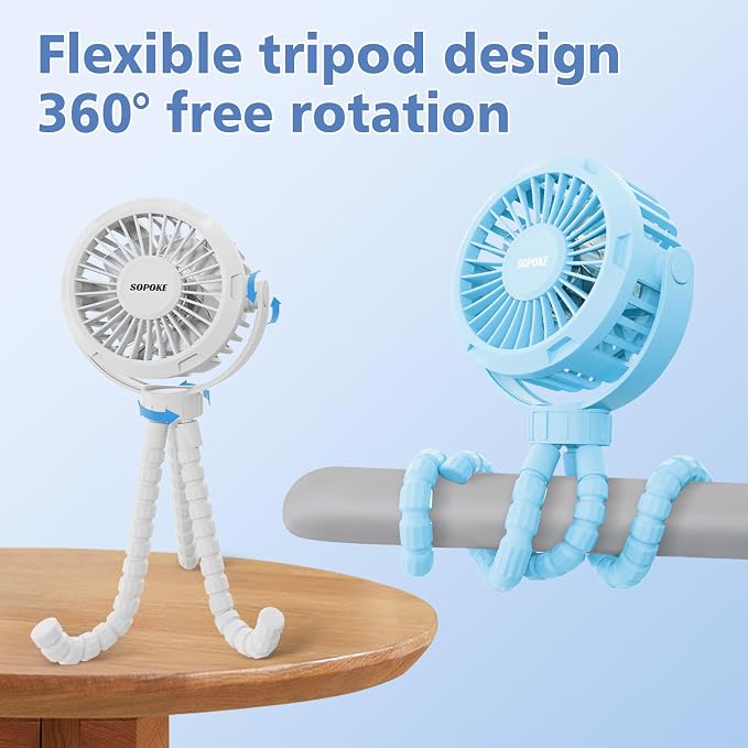 SOPOKE 3 Speed Mini Rechargeable Baby Stroller Fan, Blue | 360° Flexible Tripod, Handheld Design, for Car Seat Crib Treadmill Golf Cart Travel - Image 2