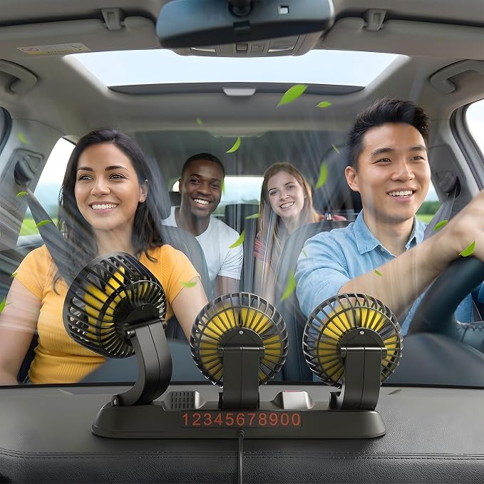 12V Car Cooling Three-Head Fan, 360° Rotation, 2-Speed Adjustable, Low Noise, Portable Fan for SUV, RV, Vehicle, Boat, Golf Cart with 51-Inch Cord - Image 2